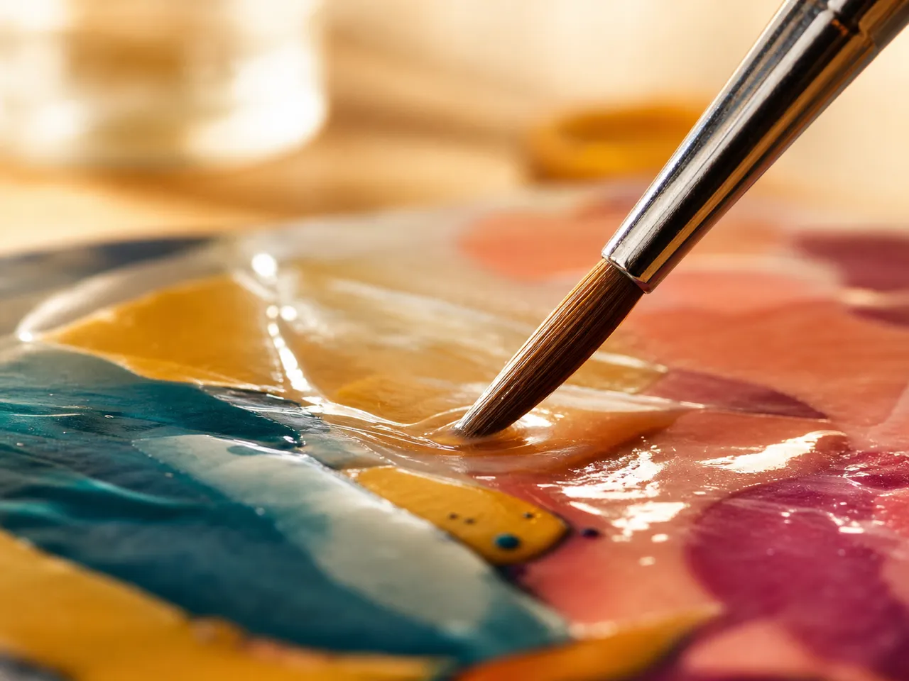 Fine brush applying glossy varnish, wet shine catching the light
